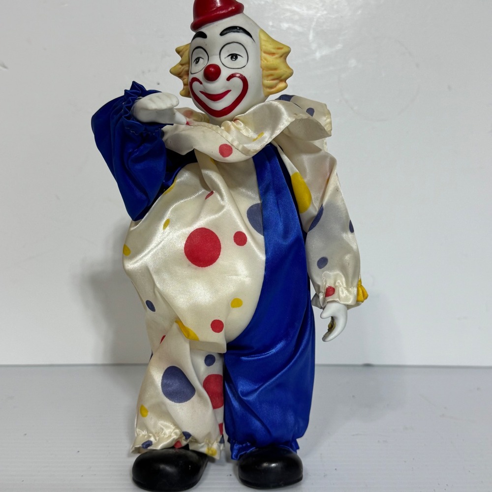 vintage wind up musical clown porcelain figurine blue polka dot circus decor